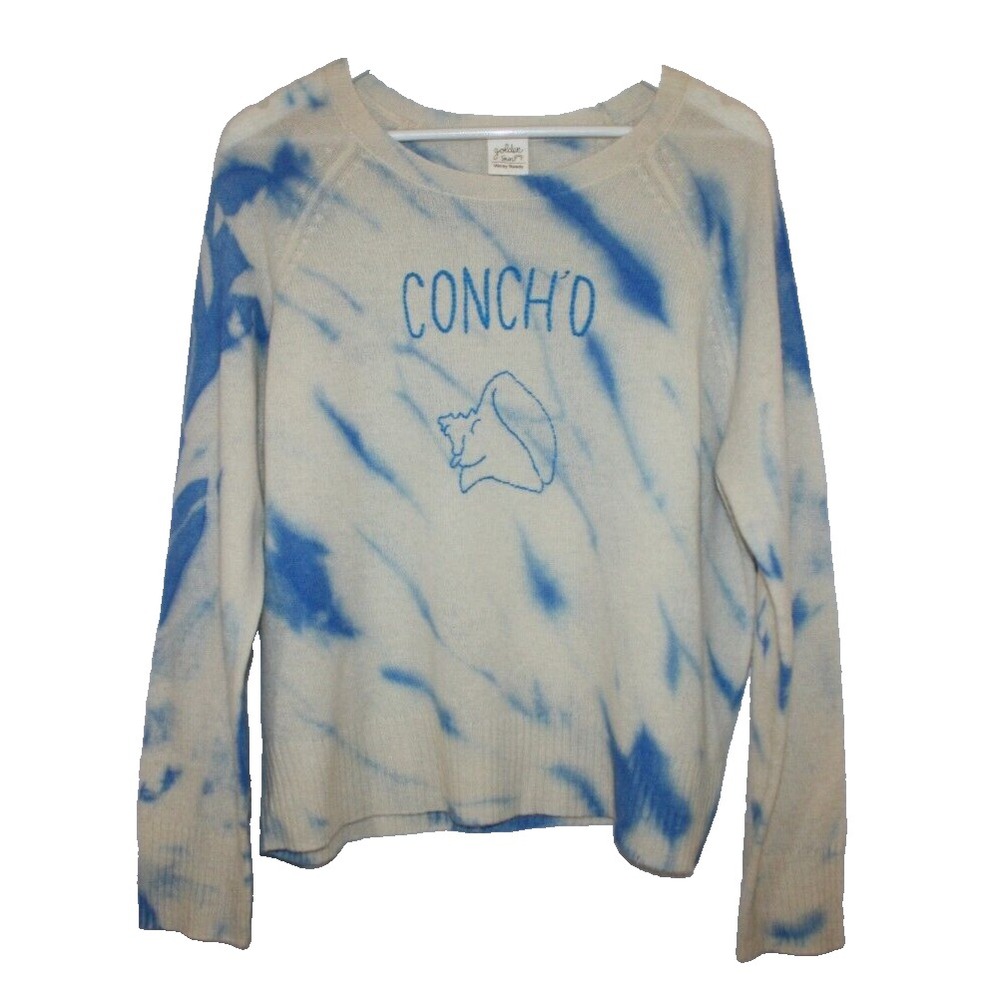 Golden Sun Sweater M/L Blue Ivory Cashmere Lightweight Vacay Beach Longsleeved